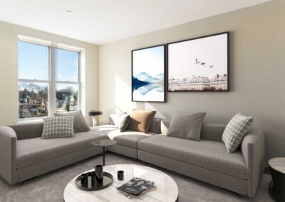 Modern, bright living room.